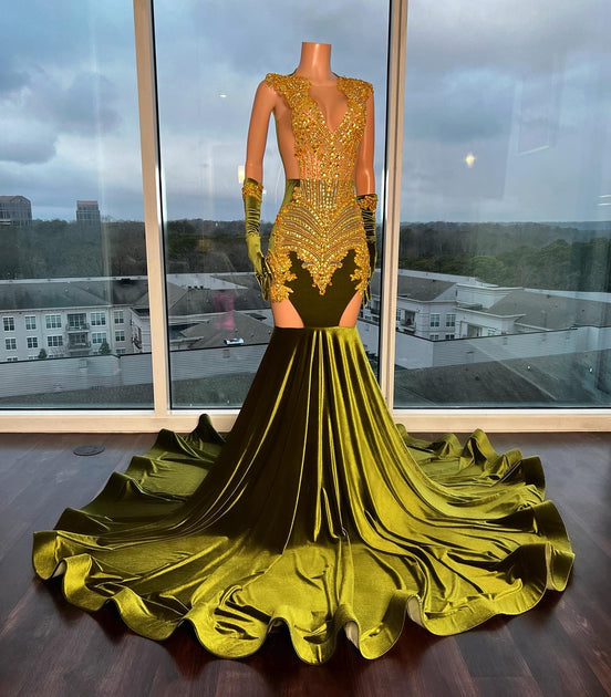 green and gold prom dress